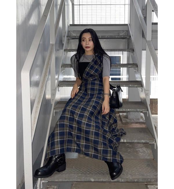 EVRIS「フェイクレザードッキングチェックロングワンピース」|ワンピース|