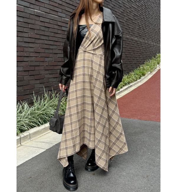 EVRIS「フェイクレザードッキングチェックロングワンピース」|ワンピース|