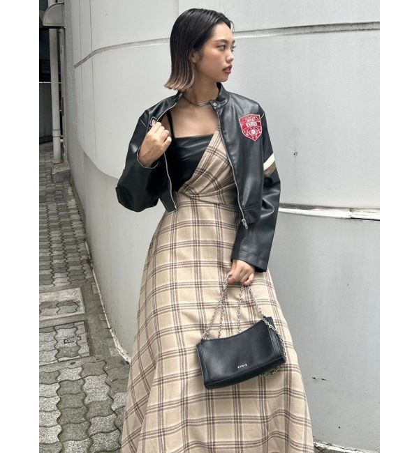 EVRIS「フェイクレザードッキングチェックロングワンピース」|ワンピース|