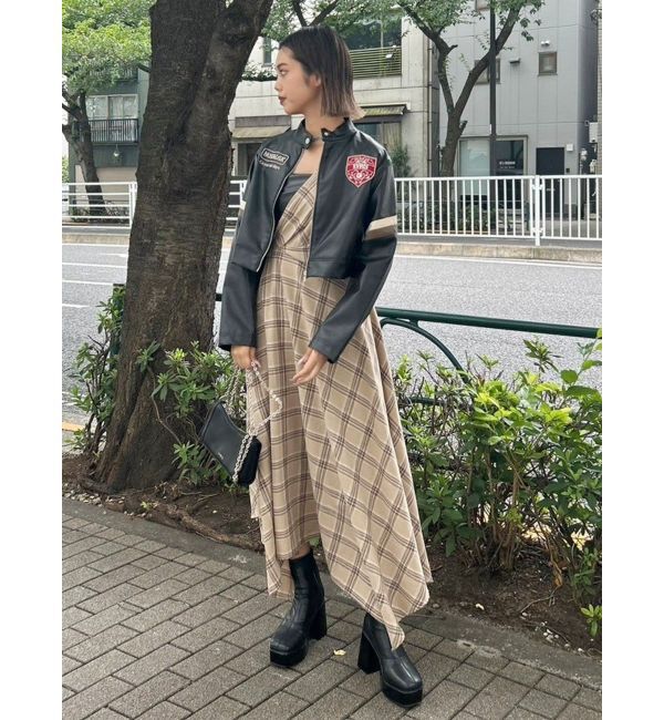 EVRIS「フェイクレザードッキングチェックロングワンピース」|ワンピース|