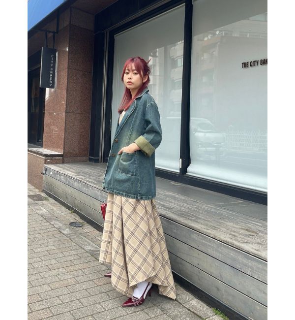 EVRIS「フェイクレザードッキングチェックロングワンピース」|ワンピース|