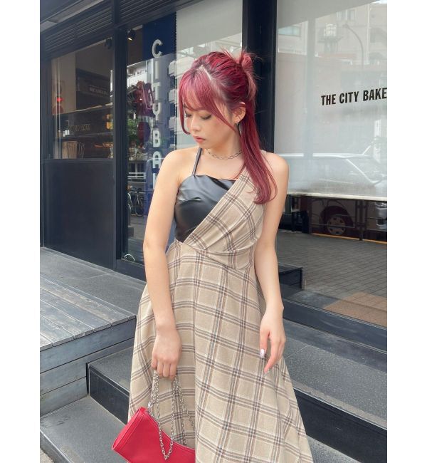 EVRIS「フェイクレザードッキングチェックロングワンピース」|ワンピース|