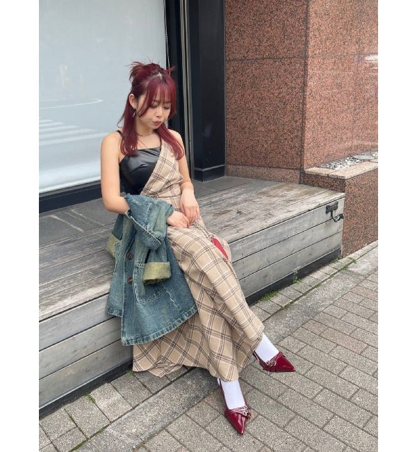 EVRIS「フェイクレザードッキングチェックロングワンピース」|ワンピース|