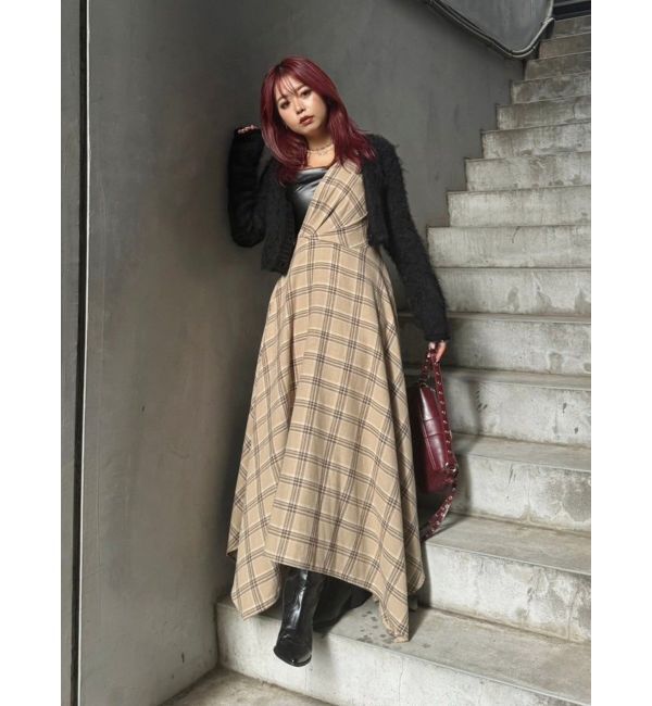 EVRIS「フェイクレザードッキングチェックロングワンピース」|ワンピース|