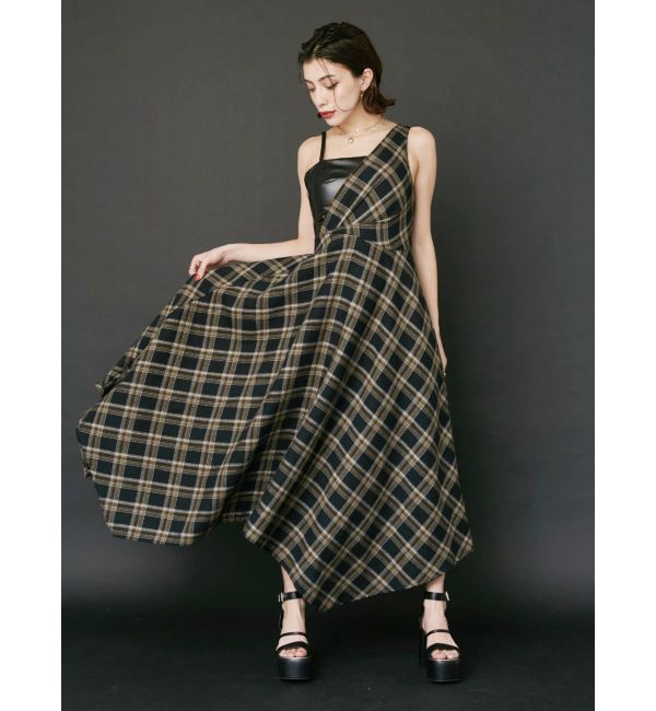 EVRIS「フェイクレザードッキングチェックロングワンピース」|ワンピース|