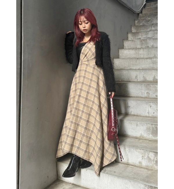 EVRIS「フェイクレザードッキングチェックロングワンピース」|ワンピース|