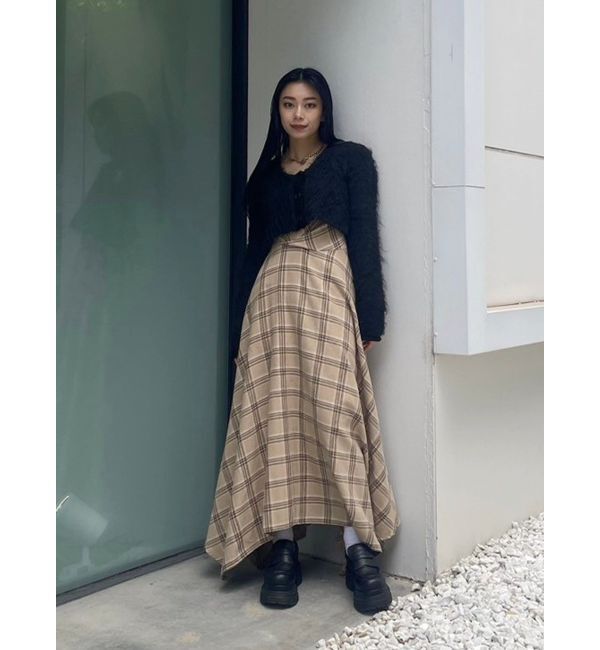 EVRIS「フェイクレザードッキングチェックロングワンピース」|ワンピース|