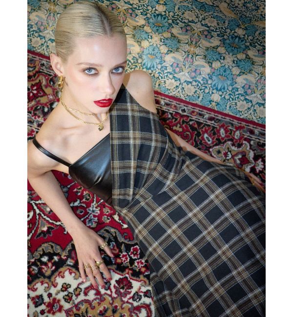 EVRIS「フェイクレザードッキングチェックロングワンピース」|ワンピース|