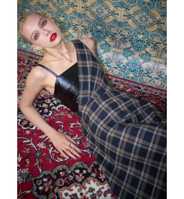 EVRIS「フェイクレザードッキングチェックロングワンピース」|ワンピース|