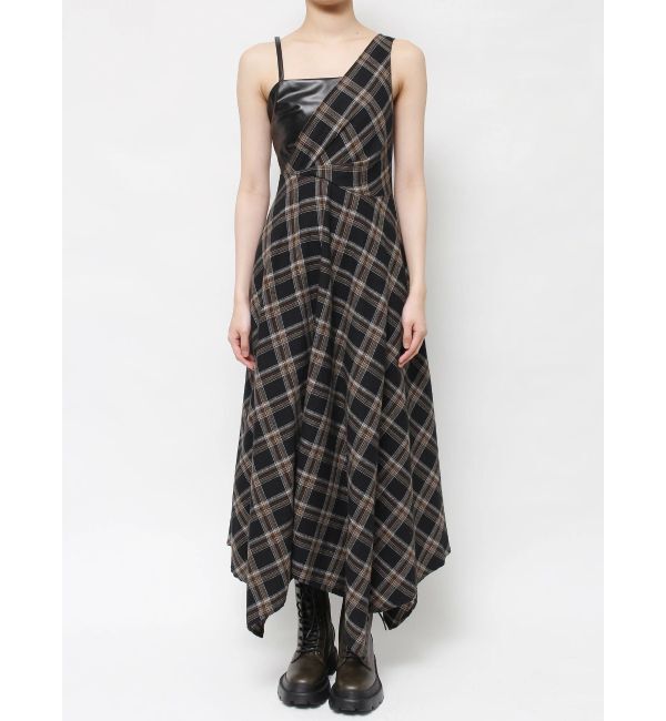 EVRIS「フェイクレザードッキングチェックロングワンピース」|ワンピース|