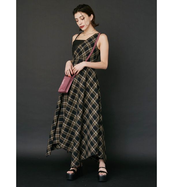 EVRIS「フェイクレザードッキングチェックロングワンピース」|ワンピース|