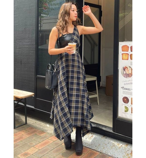 EVRIS「フェイクレザードッキングチェックロングワンピース」|ワンピース|ネイビー