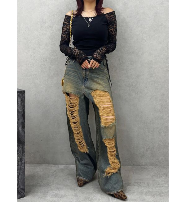 EVRIS「ハイダメージワイドデニムパンツ」|デニム|