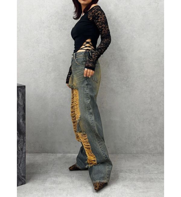 EVRIS「ハイダメージワイドデニムパンツ」|デニム|