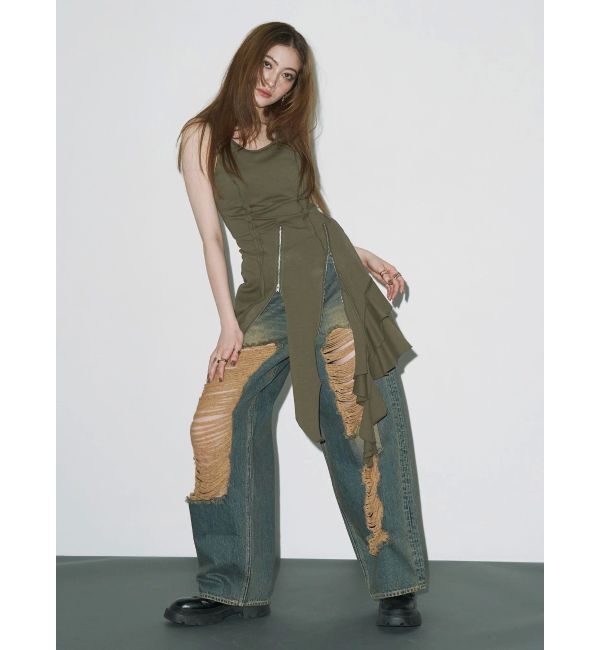 EVRIS「ハイダメージワイドデニムパンツ」|デニム|