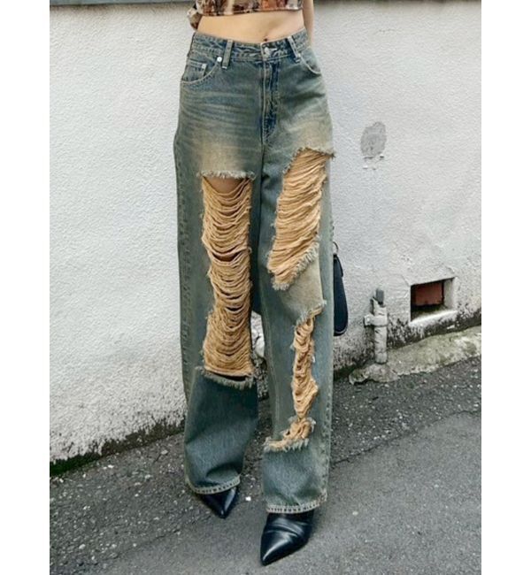 EVRIS「ハイダメージワイドデニムパンツ」|デニム|インディゴ