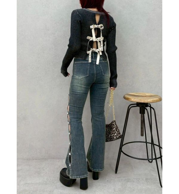 EVRIS「サイドビジューフレアデニムパンツ」|デニム|