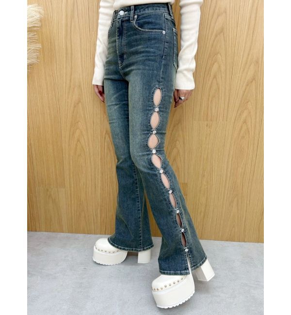 EVRIS「サイドビジューフレアデニムパンツ」|デニム|