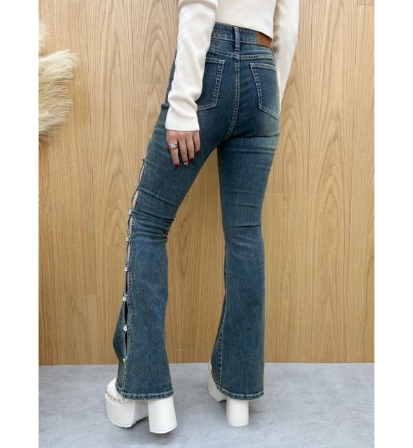 EVRIS「サイドビジューフレアデニムパンツ」|デニム|