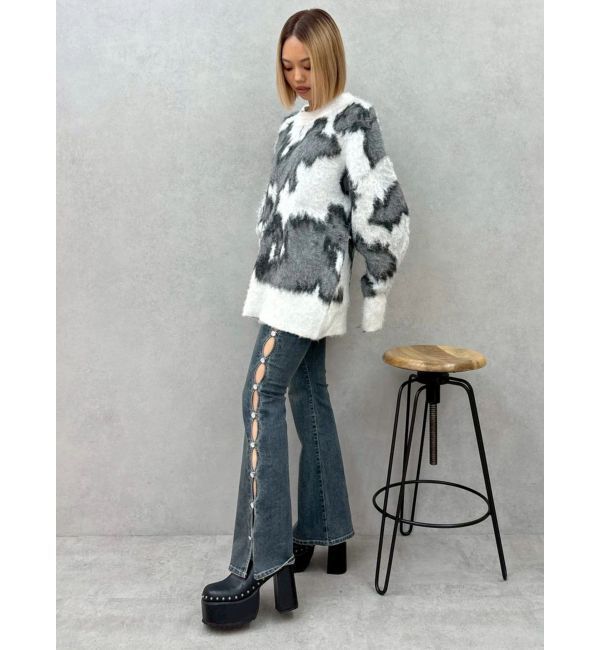 EVRIS「サイドビジューフレアデニムパンツ」|デニム|