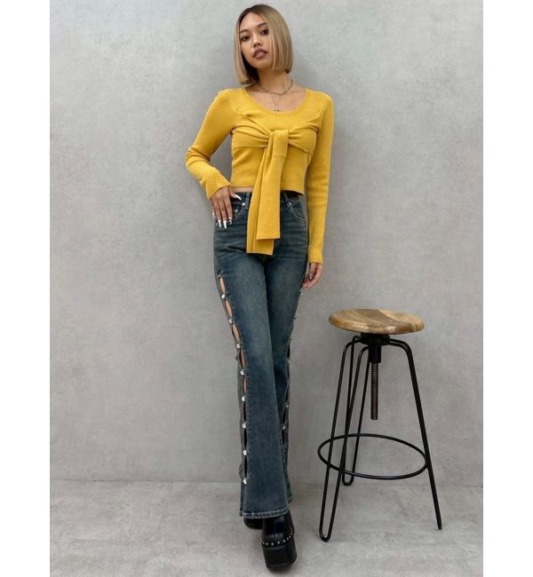 EVRIS「サイドビジューフレアデニムパンツ」|デニム|