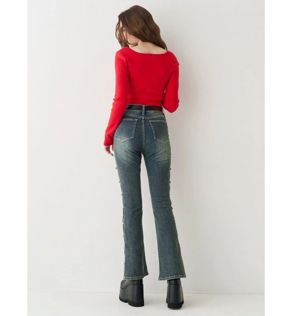 EVRIS「サイドビジューフレアデニムパンツ」|デニム|