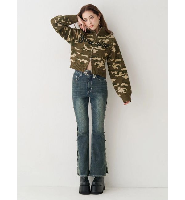 EVRIS「サイドビジューフレアデニムパンツ」|デニム|