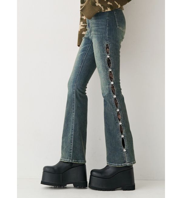 EVRIS「サイドビジューフレアデニムパンツ」|デニム|インディゴ