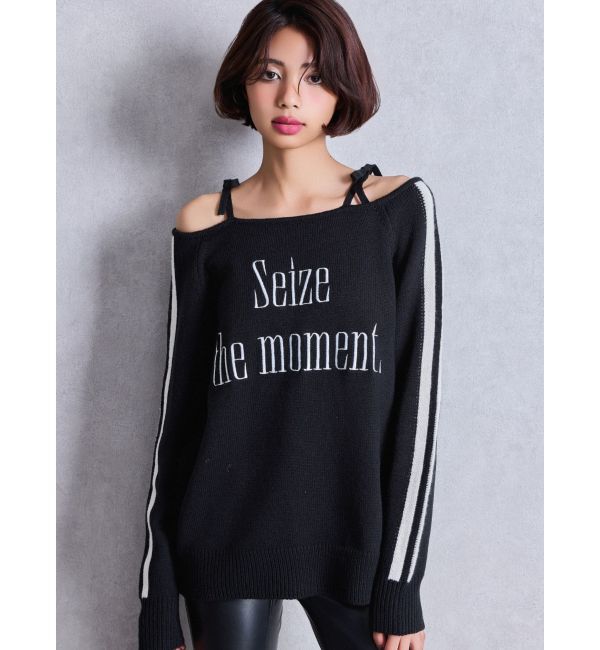 GYDA「Seize the momentオフショルリボンニットトップス」|ニット・セーター|ブラック