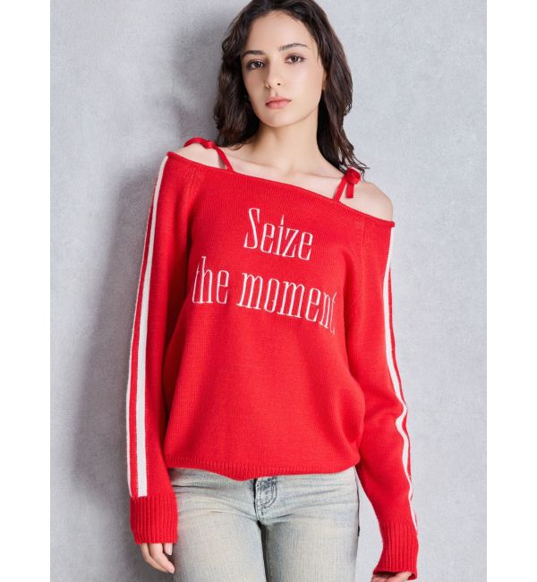 GYDA「Seize the momentオフショルリボンニットトップス」|ニット・セーター|レッド