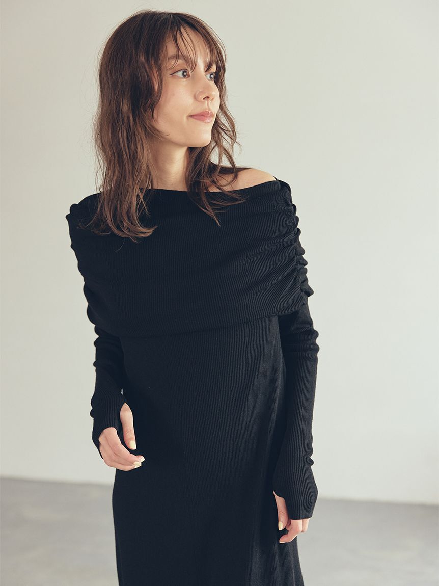 Mila Owen「【セットアイテム】2wayスヌードオフショルリブニットワンピース」|ワンピース|BLK