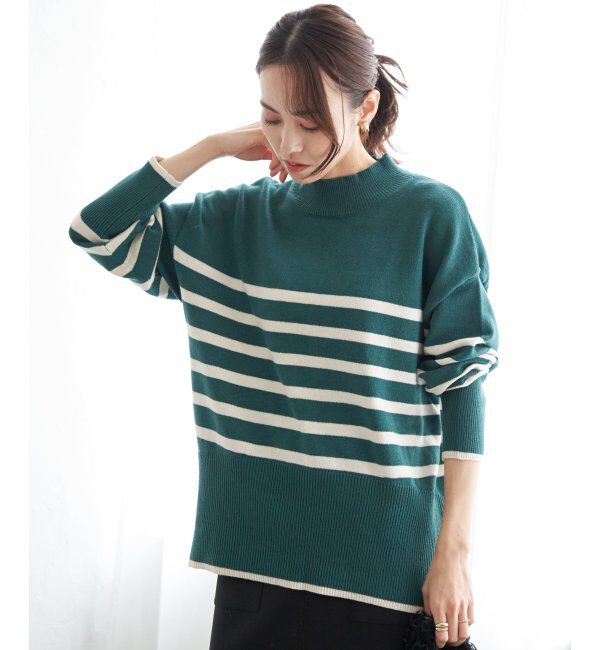ikka「バックスリットボーダーニットプルオーバー」|ニット・セーター|グリーン