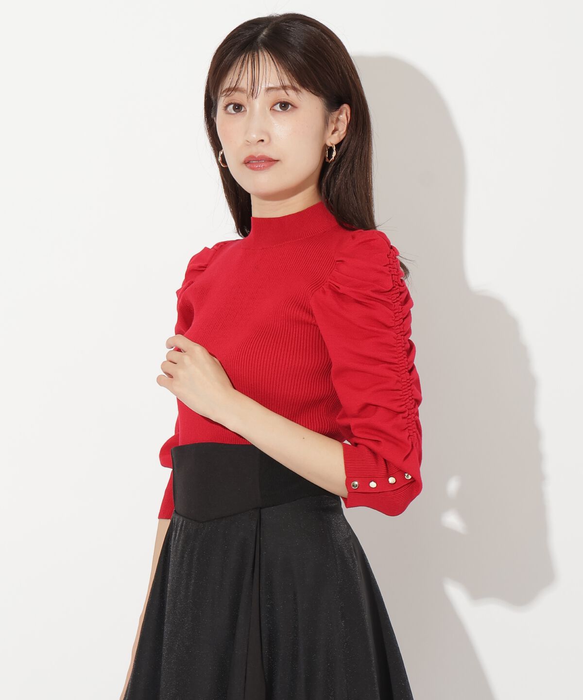 アンドクチュール「袖ギャザーボウタイ付きニットプルオーバー」|ニット・セーター|