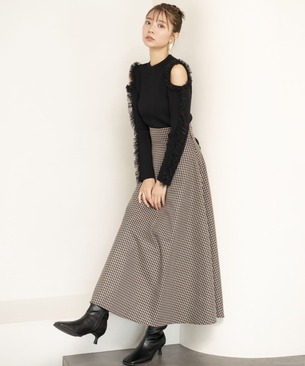 アンドクチュール「千鳥ジャガードフレアスカート」|フレア|ブラウン