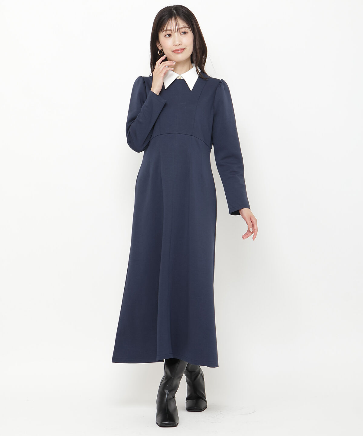 アンドクチュール「襟付ポンチワンピース」|ワンピース|ネイビー