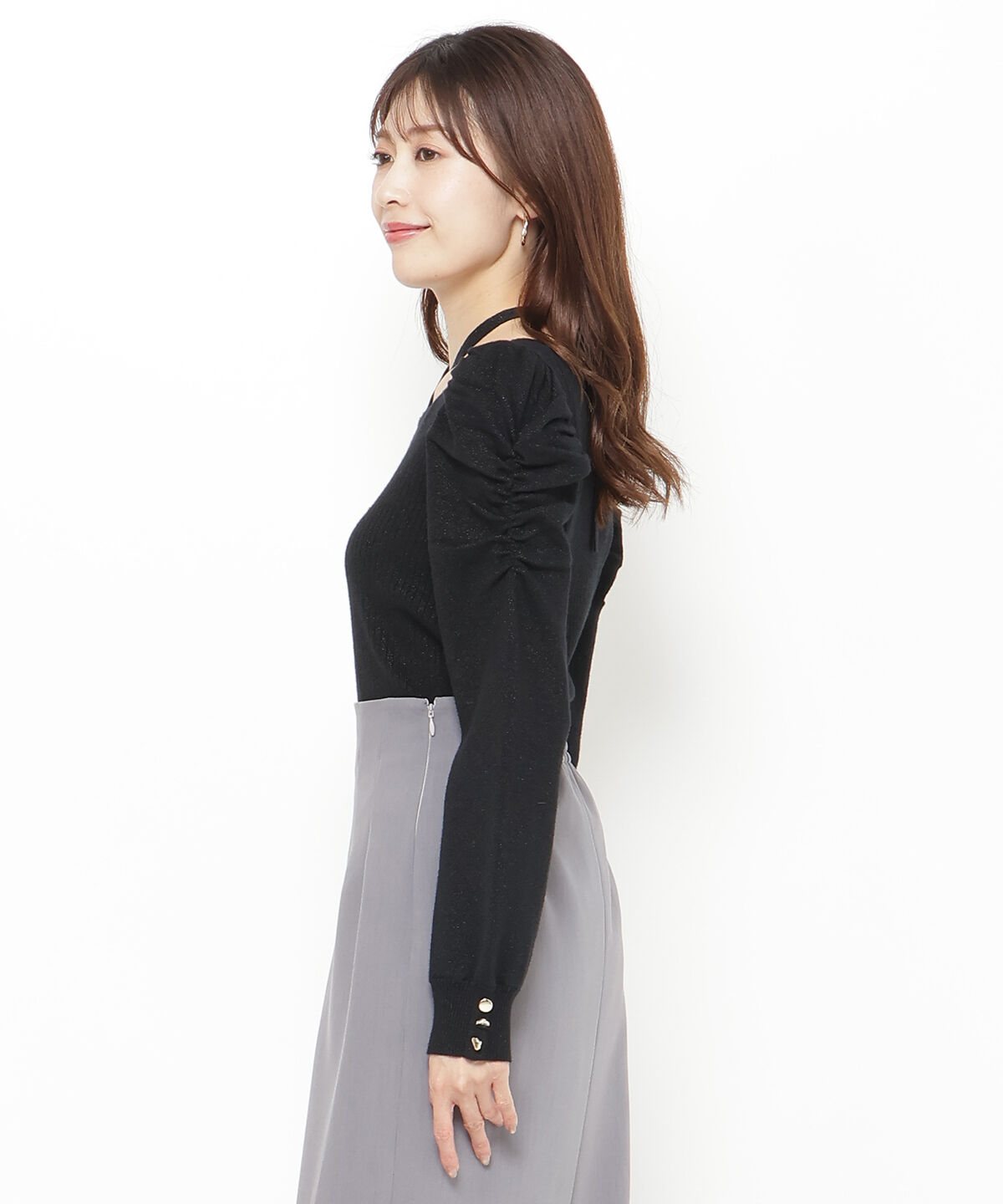 アンドクチュール「スクエアネック袖ギャザーラメプルオーバー」|ニット・セーター|