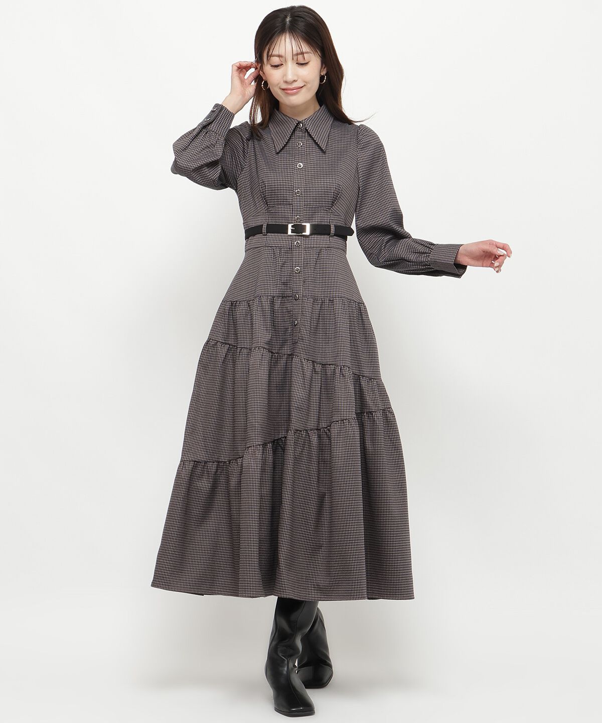 アンドクチュール「千鳥ティアードシャツワンピース」|ワンピース|