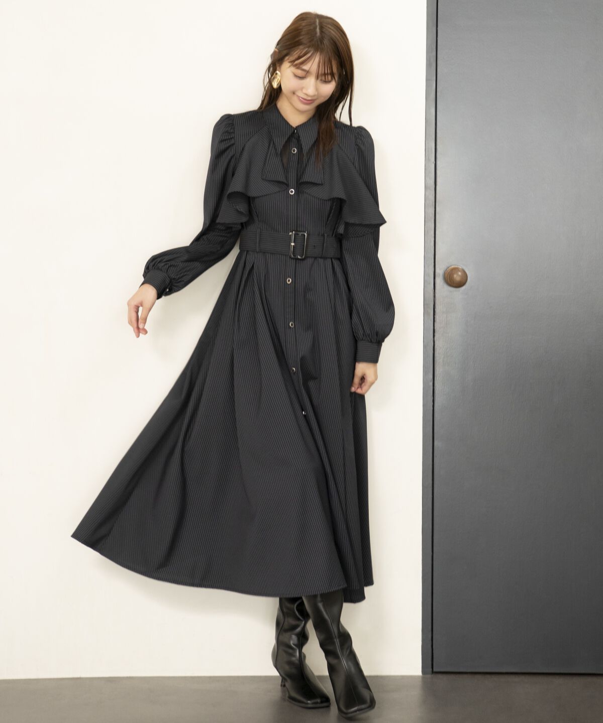 アンドクチュール「ストライプフリルケープワンピース」|ワンピース|Navy/borderｽﾄﾗｲﾌﾟ