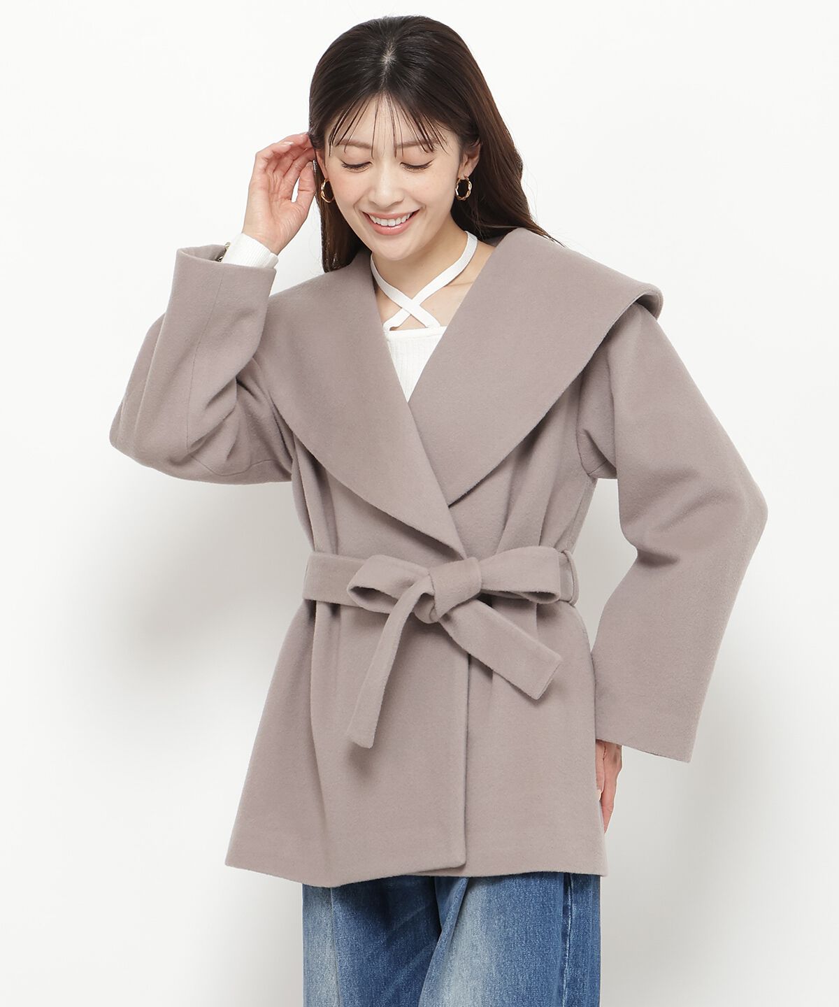 アンドクチュール「ウールビーバーショールカラーショートコート」|ダウン|