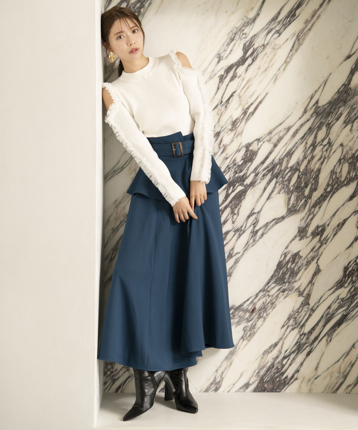 アンドクチュール「コルセットベルトフレアスカート」|フレア|ブルー