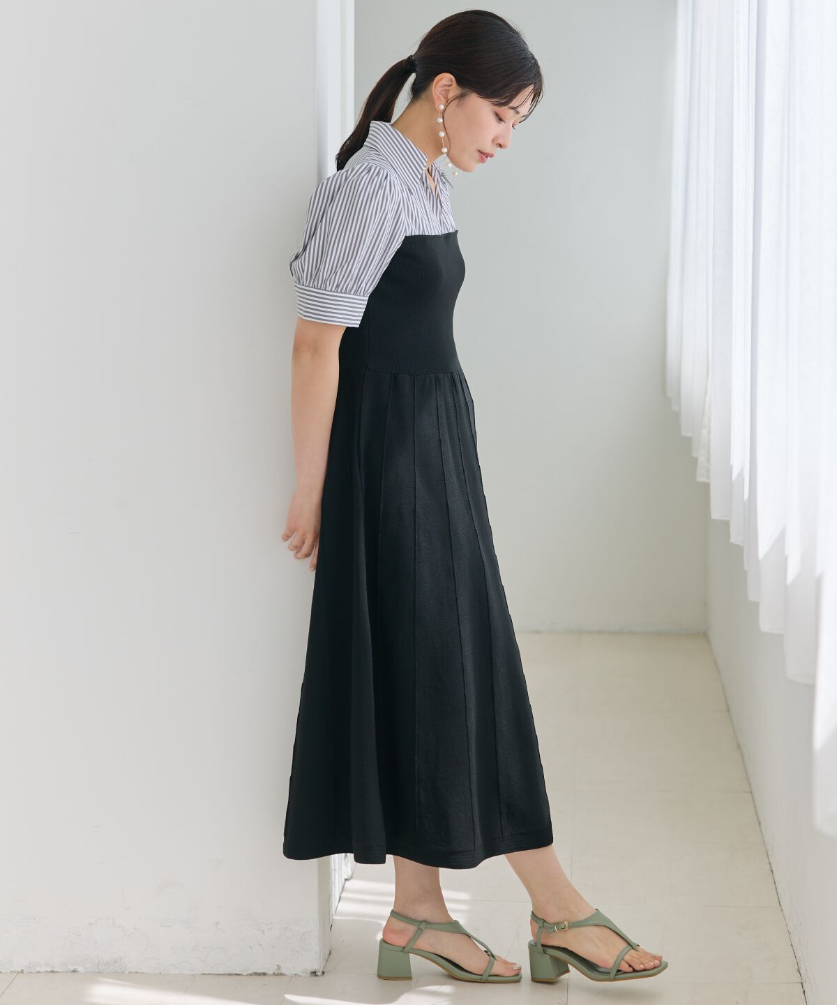 アンドクチュール「スキッパーシャツドッキング5分袖ワンピース」|ワンピース|