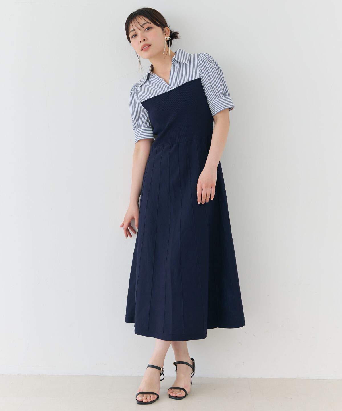 アンドクチュール「スキッパーシャツドッキング5分袖ワンピース」|ワンピース|