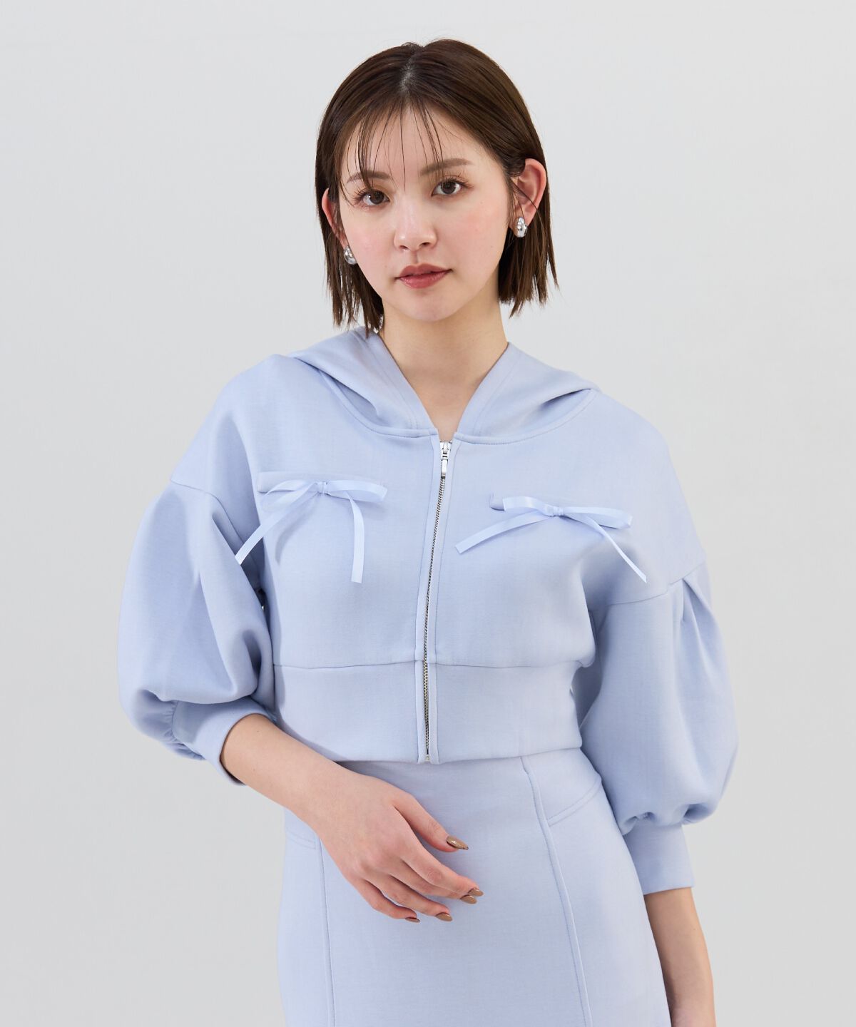 REDYAZEL「ダンボールリボンハーフスリーブショートフーディー」|パーカー|サックス