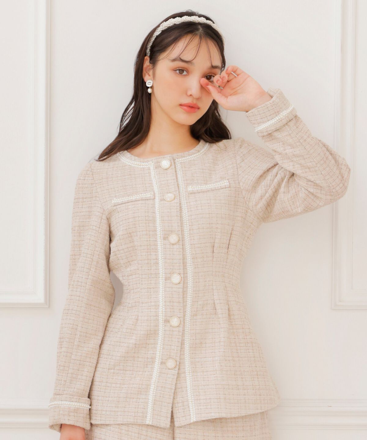 WILLSELECTION「ラメツイードジャケット」|ノーカラージャケット|ベージュ