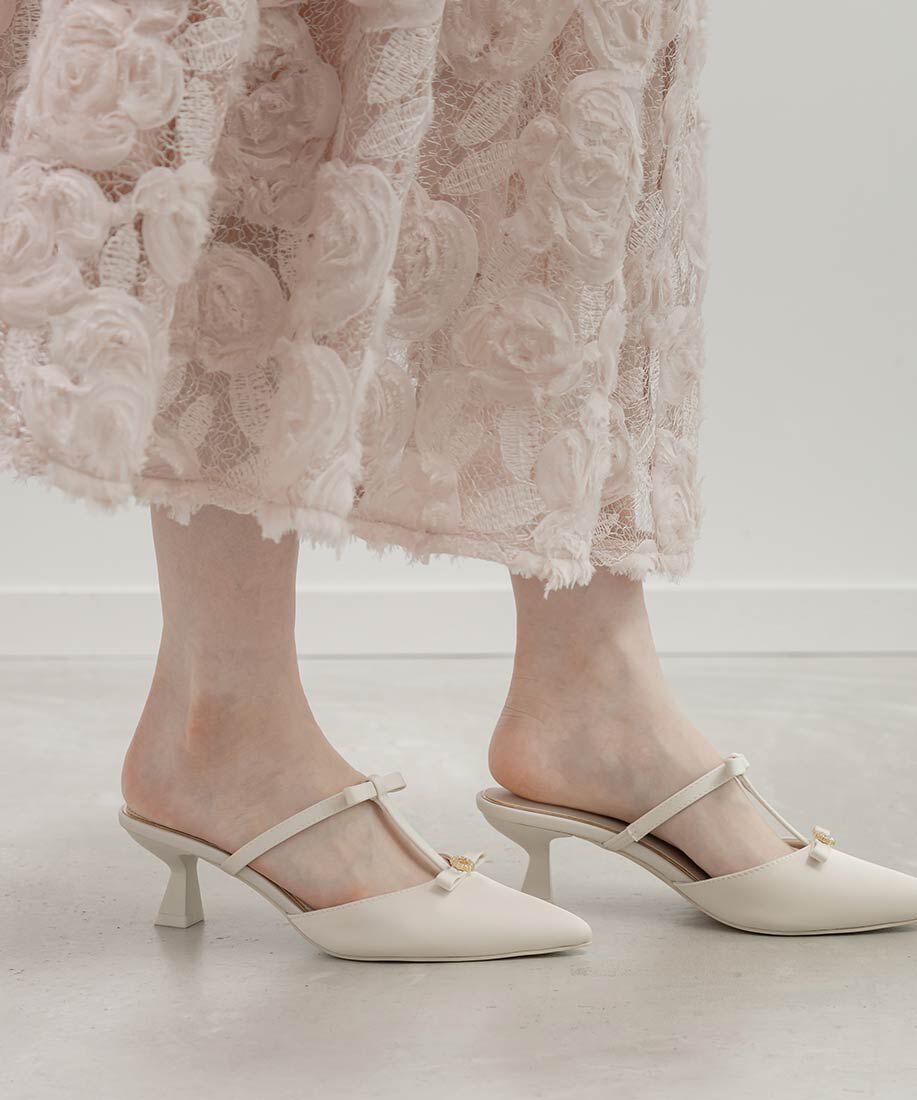  「ビジューリボンTストラップミュールパンプス」|パンプス|