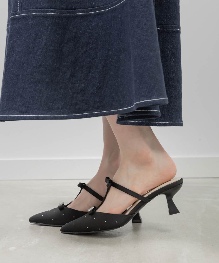  「ビジューリボンTストラップミュールパンプス」|パンプス|