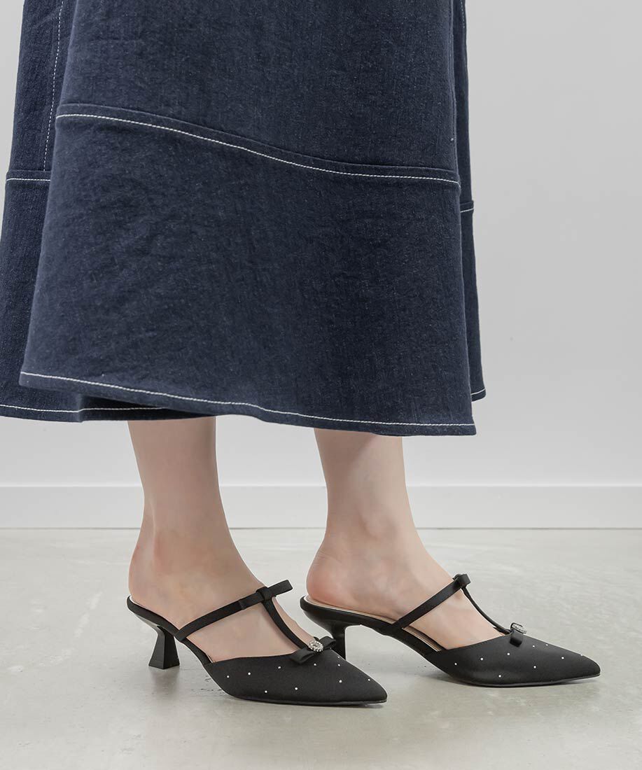  「ビジューリボンTストラップミュールパンプス」|パンプス|