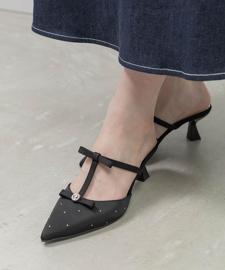  「ビジューリボンTストラップミュールパンプス」|パンプス|