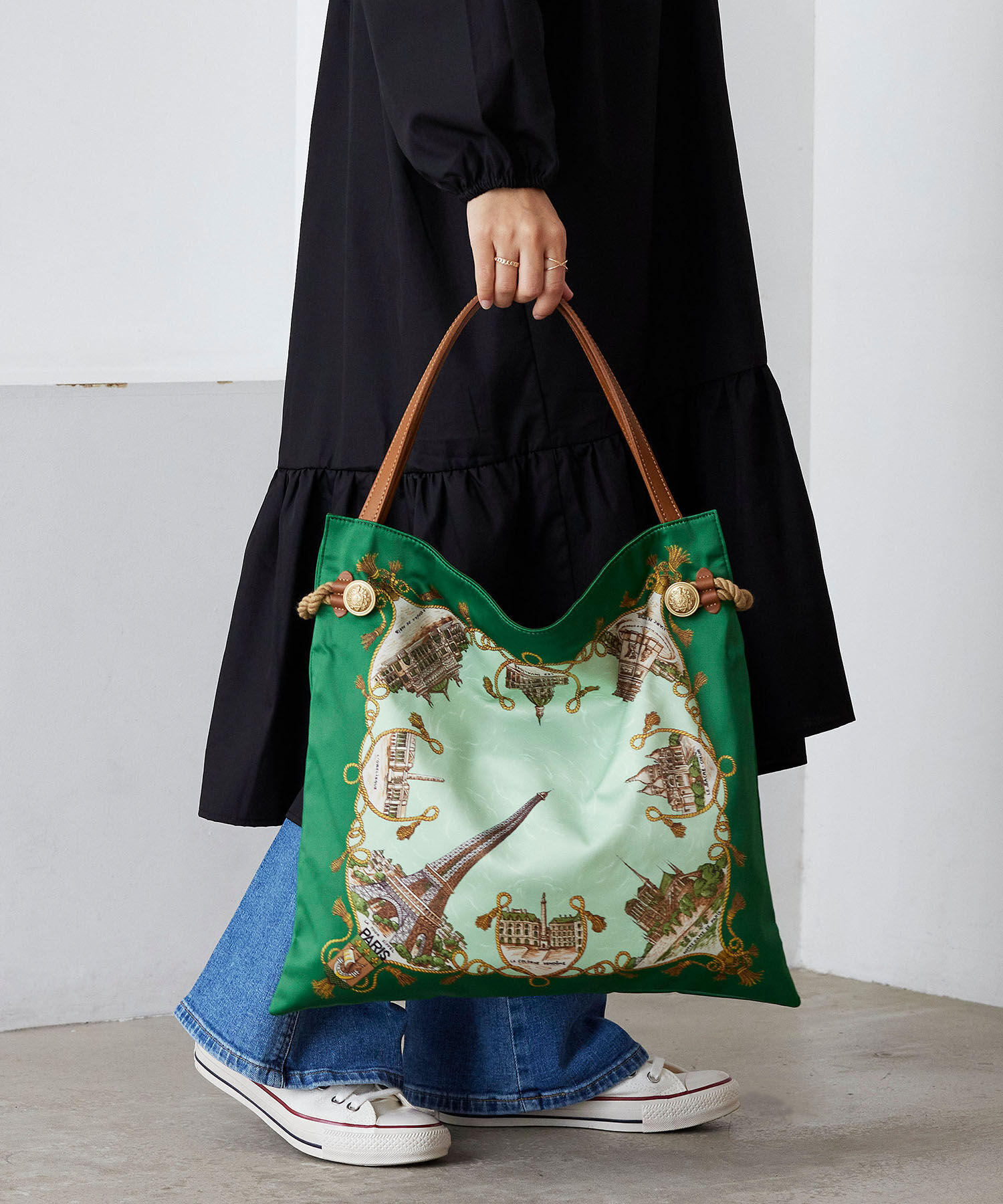 TOPKAPI TREASURE「【TREASURE TOPKAPI】マイルドサテン スカーフ柄 トートバッグ 2023」|トートバッグ|グリーン