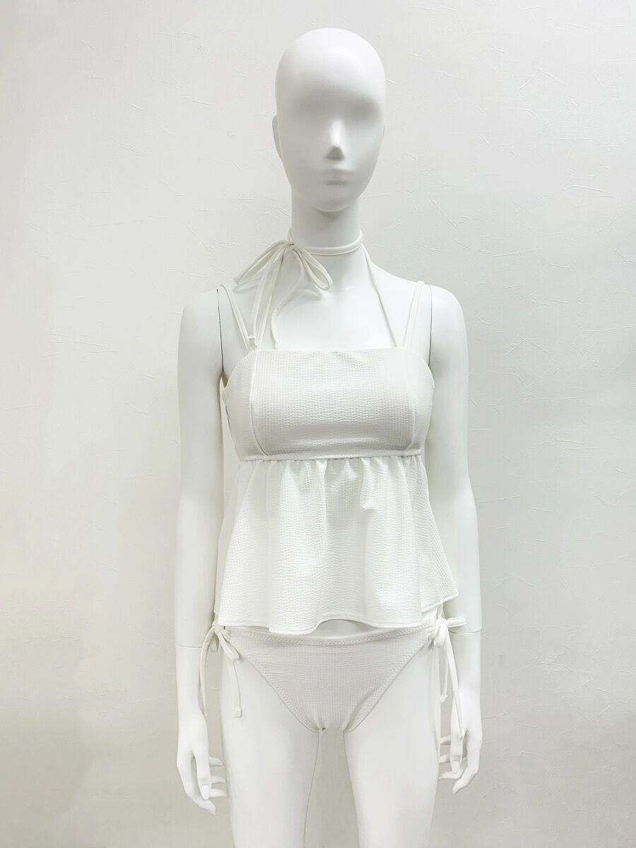 PEAK&PINE「無地チョーカー風リボンベアトップビキニ/ベアキニ」|ビキニ|ホワイト